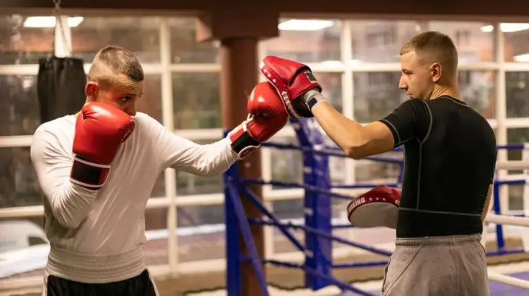 Two men practicing controlled sparring drills inside a boxing ring during coached training.