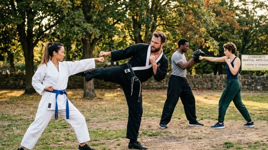 Outdoor group practicing kicks and punches for beginner martial arts technique