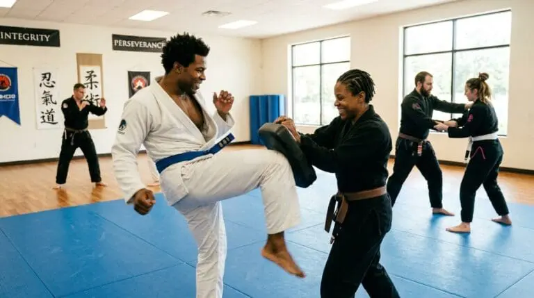Students practicing knee strikes on pads during martial arts training basics