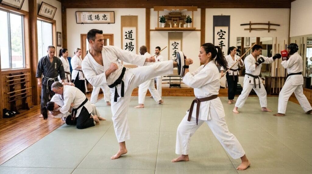 Dojo students drilling pad kicks and grappling for martial arts fundamentals